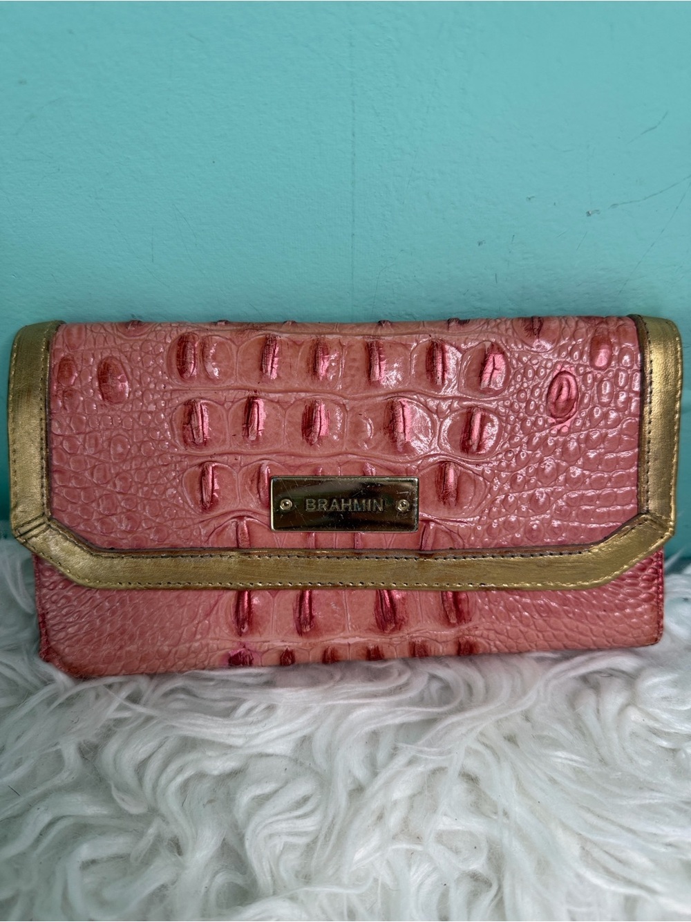 Brahmin Rose Pink Croc-Embossed Continental Wallet with Gold Trim